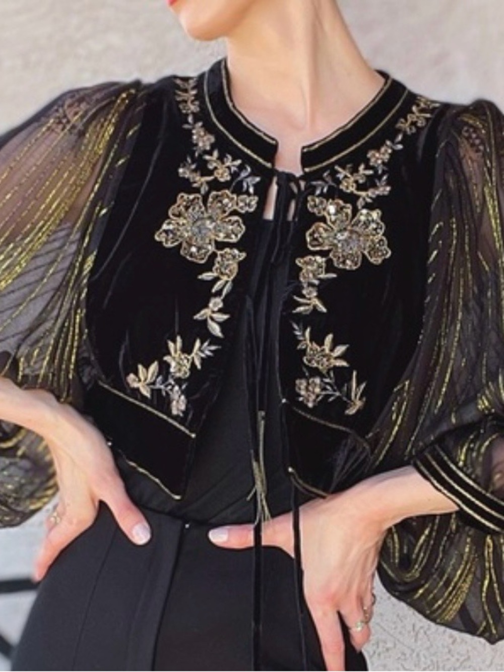 Zara Black Velvet Embroidered Cropped Jacket with Sheer Metallic-Striped Sleeves